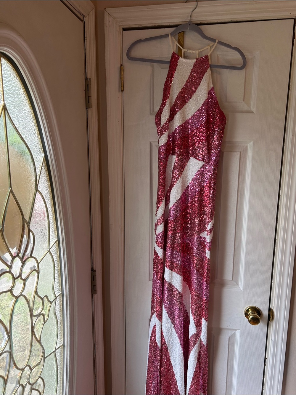 B. Darlin Pink and White Sequin Halter Dress